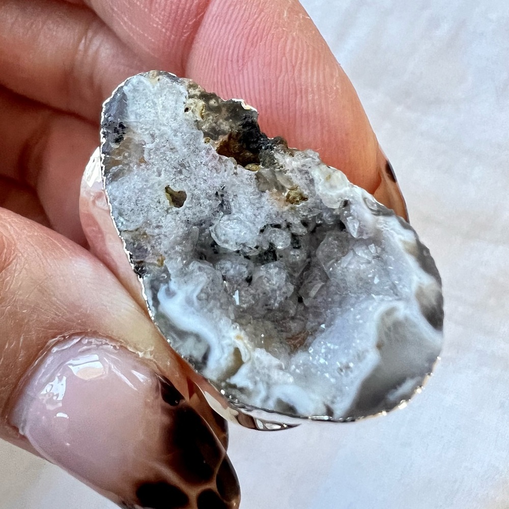 925 Micro Quartz Crystals in Geode Agate Ring 6 7 8 - Picture 4 of 16
